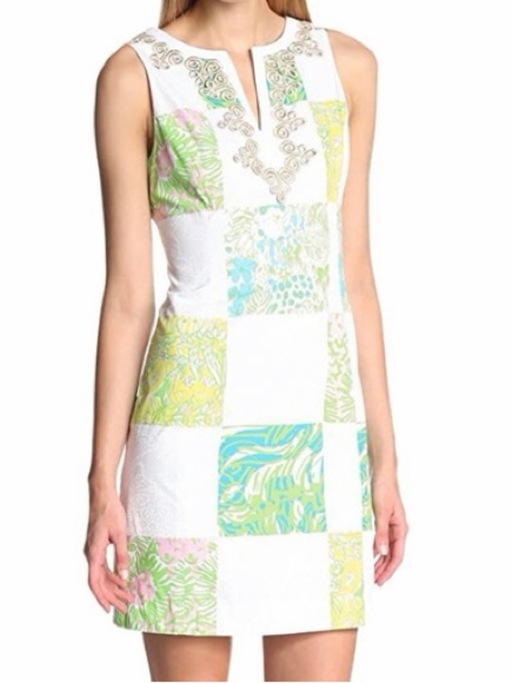 Lilly Pulitzer Janice Shift Dress White Patchwork Mini Dress with Pastel Accents